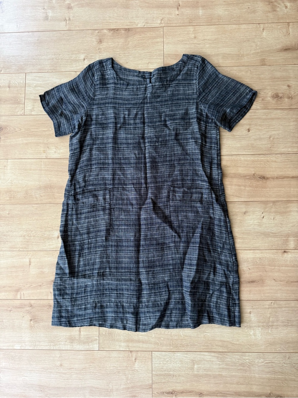 Eileen Fisher Organic Linen Grey Stripe Shift Dress Pockets Petite Large